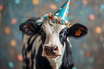 Grappige koe met feestmuts viert verjaardag van Felix Brönnimann