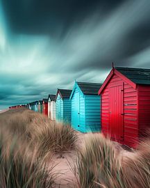 Des maisons colorées dans l'herbe des dunes