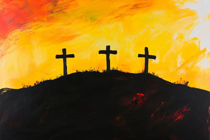 Kreuze vor orangefarbenem Himmel von Poster Art Shop