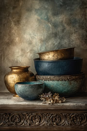 Keramik –  Ruhiges Stillleben-Gemälde in Blau von Joriali Fine Art