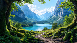 Fantasy Décoration Murale: ELYNDOR – Le lac de montagne dans la vallée onirique sur INFERAURUM - Dark Fantasy Wall Art & Poster
