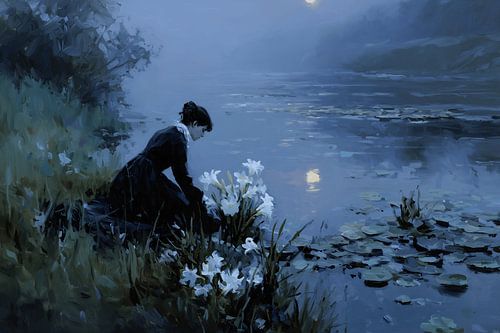 Woman by a quiet lake in the moonlight