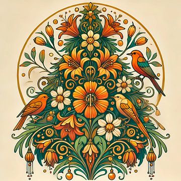 Christmas tree with flowers and birds by Tatjana Korneeva
