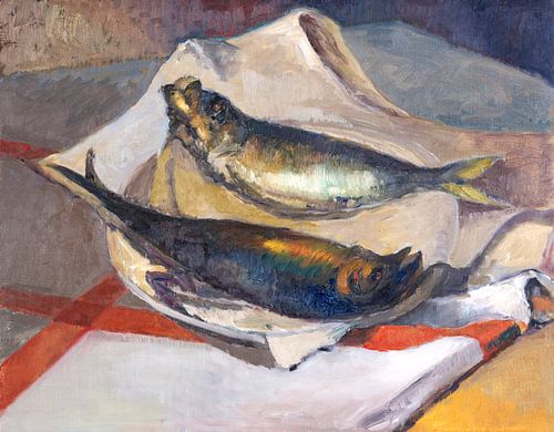 Still life with two herrings on plate - Oil on canvas