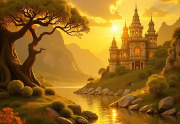 Digitale rendering van kasteel aan meer bij zonsondergang van Markus Gann