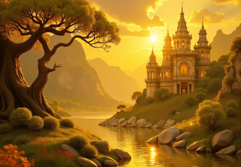 Digitales Rendering des Schlosses am See bei Sonnenuntergang von Markus Gann