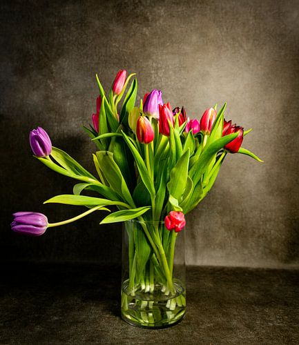 rode en paarse tulpen met groen blad in een vaas