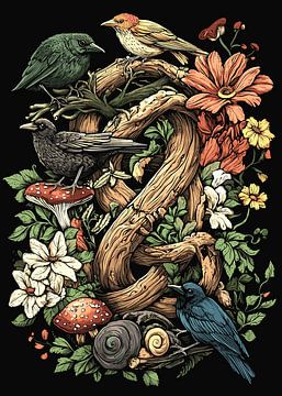 Natuurminnende vogels te midden van bosbloesems van Pixelbull Design