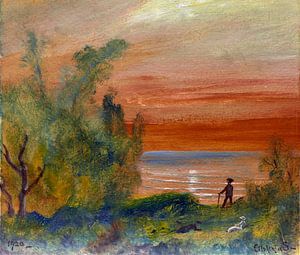Louis Eilshemius, Sonnenuntergang mit einem Mann an Land - 1920