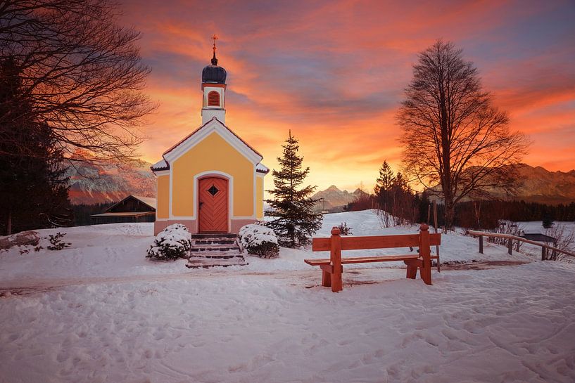 pilgrimage chapel in snowy winter landscape, colourful sunset sce by SusaZoom