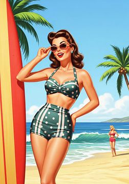 Twee vrouwen op strand met surfplankillustratie