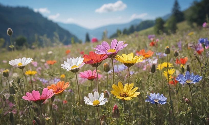 Een bloemenveld met een blauwe lucht op de achtergrond van 1xMerch