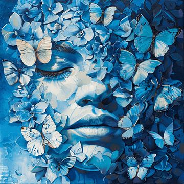 Mystic Garden Muse: Blaue Blütenblätter und Schmetterlingsballett von Karina Brouwer