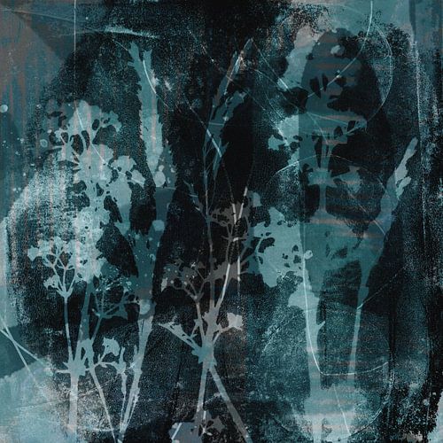 Moderne abstracte botanische kunst. Bloemen en planten in blauw en grijs