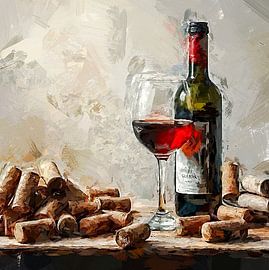 a bottle of wine with glass and a stack of corks. by J.a Dijkstra