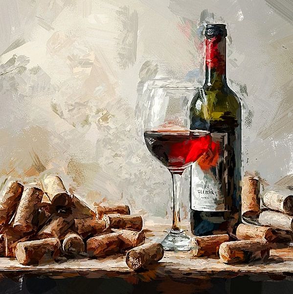 a bottle of wine with glass and a stack of corks. by J.a Dijkstra