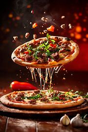 Käseziehende Pizza mit frischen Toppings von Poster Art Shop