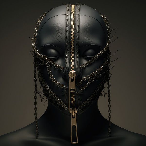 Digital erstellt sehr schöne sexy Frau mit bizarren Fetisch Maske in High Fashion Stil von Art Bizarre