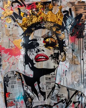 Fierce & Fragmented een expressieve vrouw in mixedmedia collage van Dutch Art Works