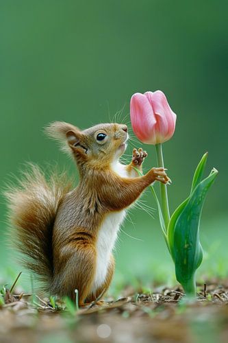 Eekhoorn verkent tere tulp