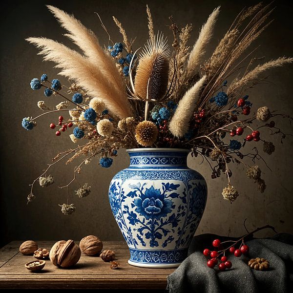 Vase bleu avec noix et branches en train de sécher - nature morte moderne et classique par Kleurenrijk