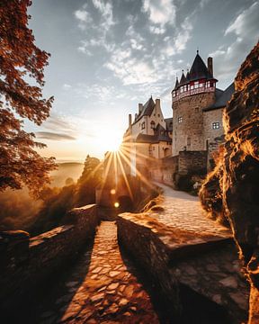 Kasteel bij zonsopgang van fernlichtsicht