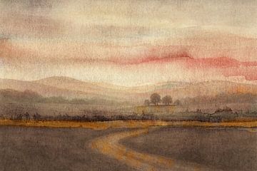 Extensive brown landscape with hills and trees by Claudia Gründler