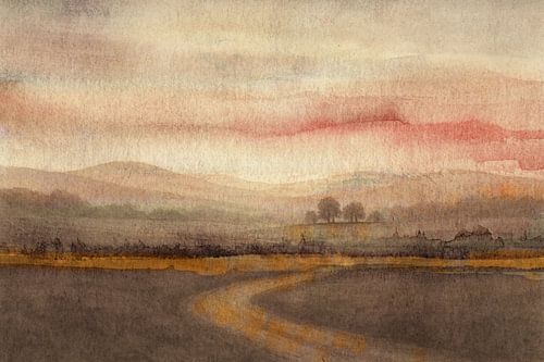 Extensive brown landscape with hills and trees by Claudia Gründler