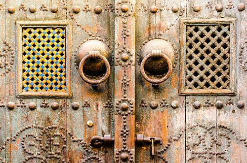 Macro decorations on a wooden Arabic door in Tunisia
