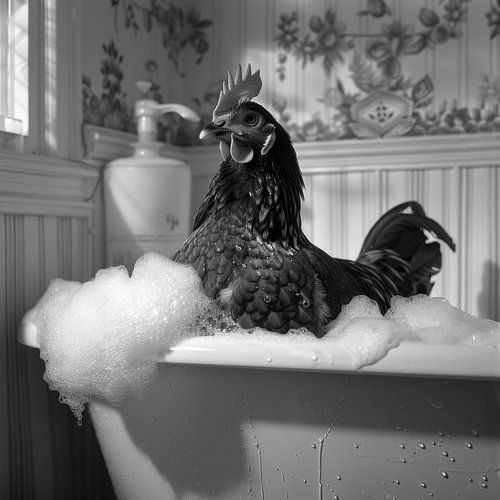 Coq dans la baignoire - Une image de salle de bain amusante