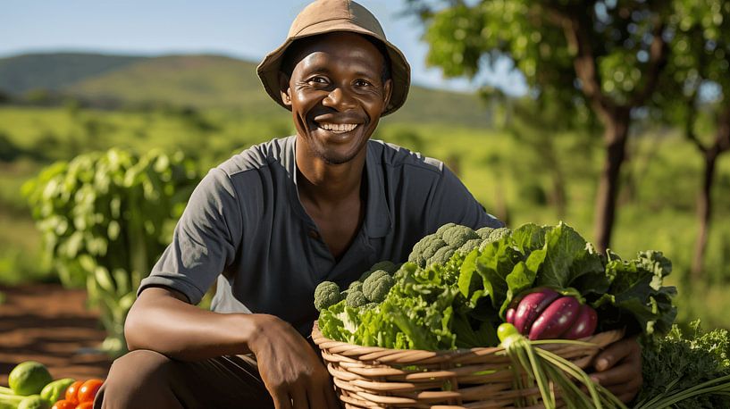 Le paysan noir sourit et tient un panier de légumes dans le jardin par Animaflora PicsStock