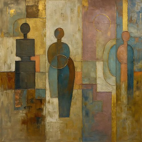 abstract figures in blue and gold