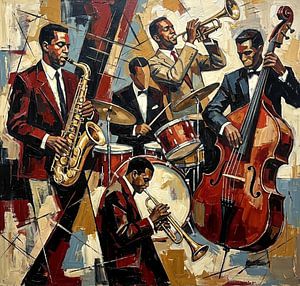 Five Musicians Swinging in Deep Red and Gold