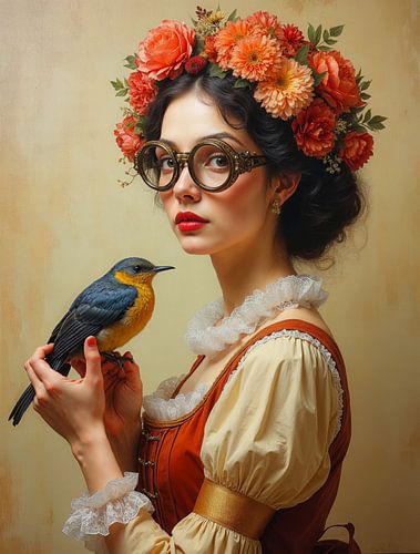 Verträumtes Porträt mit Blumen und einem Vogel
