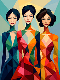 Geometrisch portret van drie moderne en krachtige vrouwen