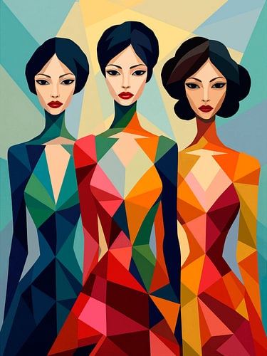 A geometric portrait of three modern and powerful women