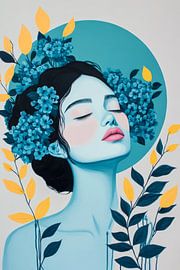 Woman with wreath of flowers in blue-green by Poster Art Shop