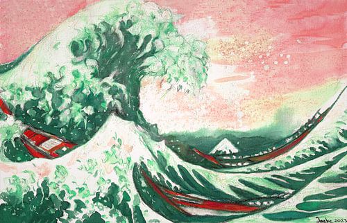 Art japonais /La Grande Vague en vert et rose