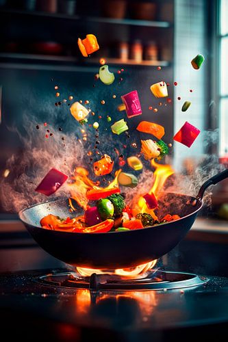 Kleurrijk groentevuurwerk in de wok