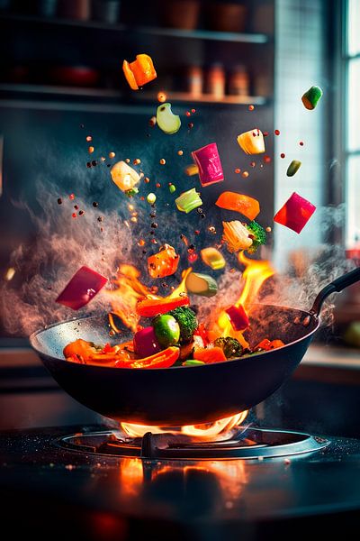 Buntes Gemüse-Feuerwerk im Wok von Poster Art Shop