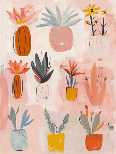 Cheerful illustration of a collection of plants in terracotta, bohemian style