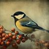 Koolmees op Tak met Rode Bessen - Rustige Natuurfotografie van Joriali Fine Art
