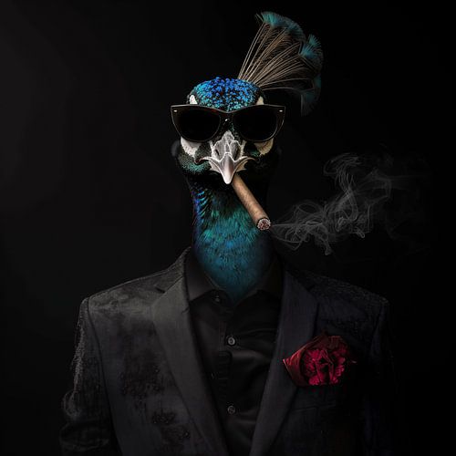 Pauw met sigaar en zonnebril