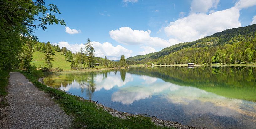 walkway along lake Ferchensee at springtime, idyllic landscape n by SusaZoom