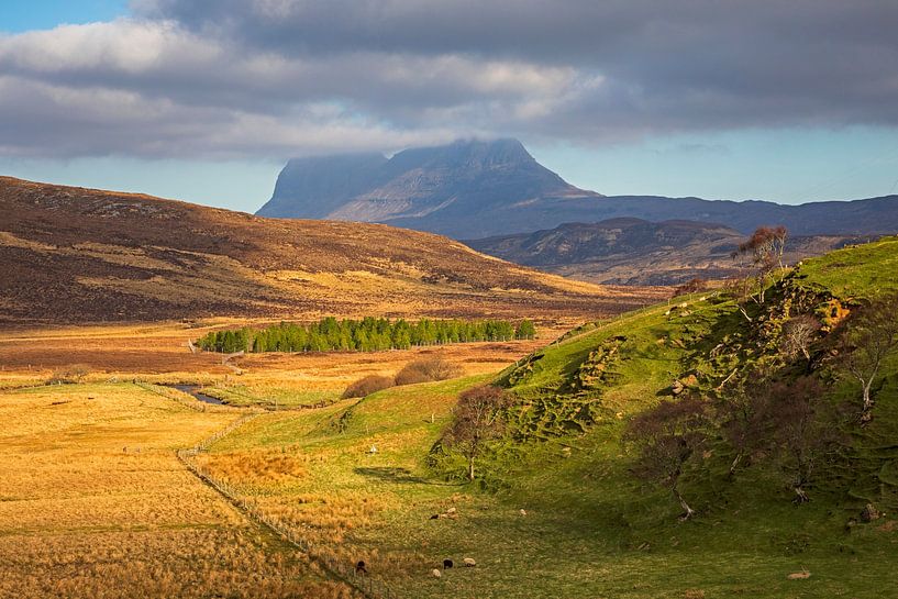 Elphin, Assynt, mit Suilven im Hintergrund, Sutherland, Schottland von Arch White