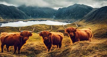 Schots Hooglanders in een weide met bergen Illustratie van Animaflora PicsStock