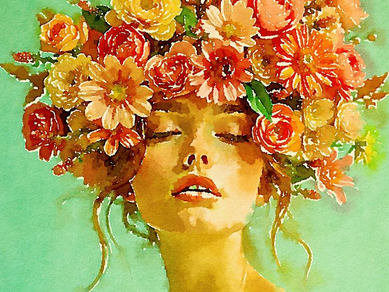 portret vrouw met bloemen olieverf schilderij van The Photo Artist