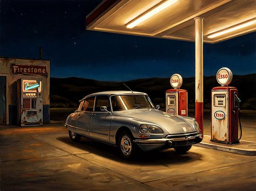 Vintage Citroën DS Gas Station Night Scene