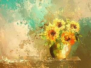 Stimmungsvolles Stilleben mit Sonnenblumen im goldenen Topf