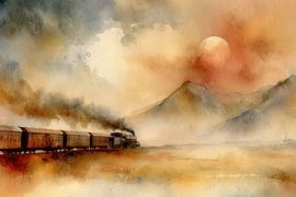 Dampfzug bei Sonnenuntergang - nostalgisches Gemälde von Peter Pen Zeichnungen und Gemälde